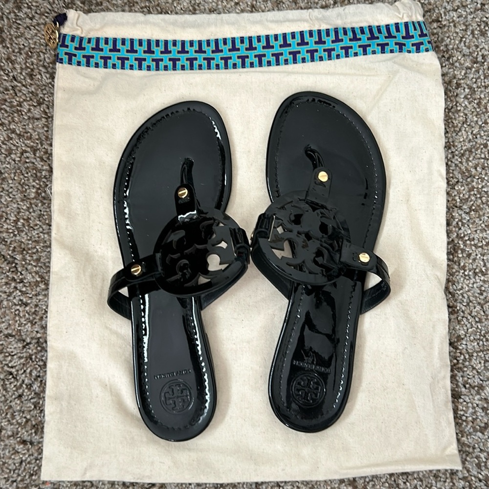 Tory Burch Black Patent Leather Miller Sandals